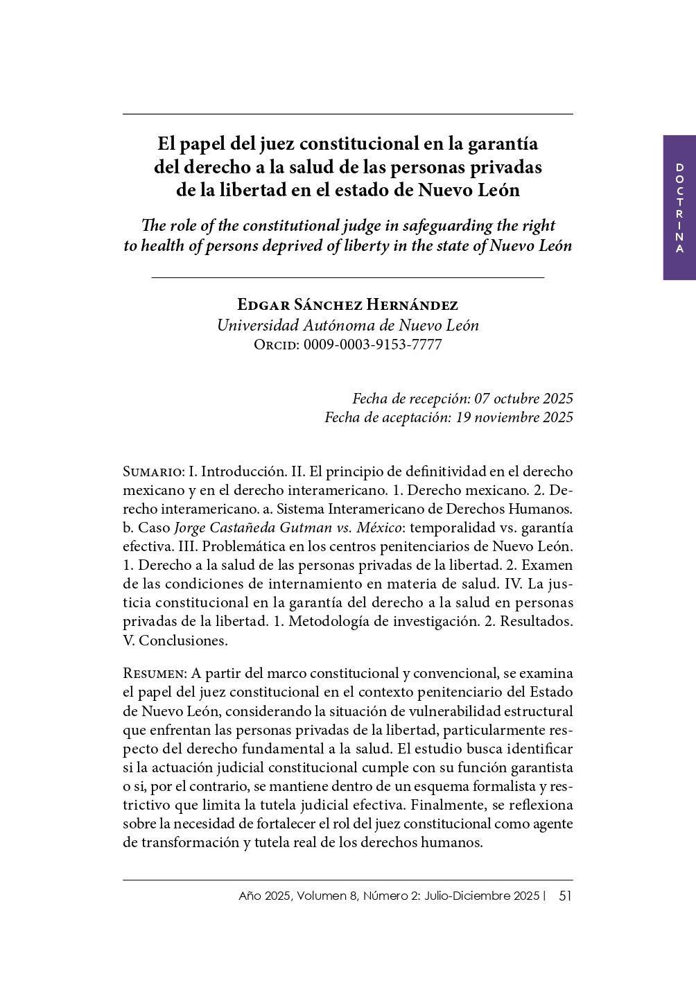 Portada del artículo "El papel del juez constitucional en la garantía  del derecho a la salud de las personas privadas  de la libertad en el estado de Nuevo León"