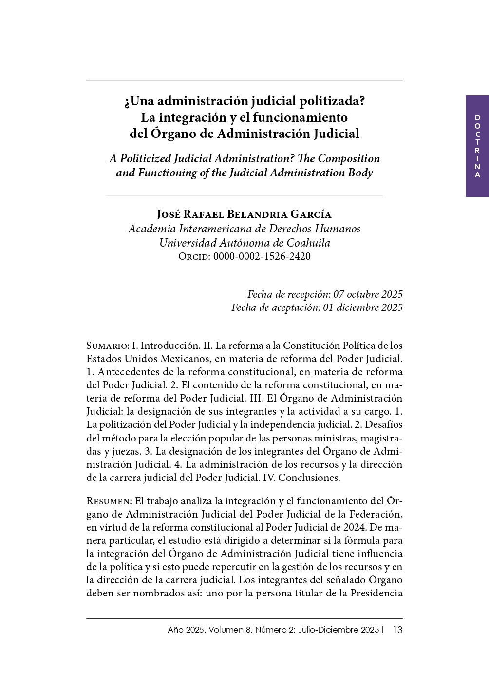 Portada del artículo doctrinal "¿Una administración judicial politizada?  La integración y el funcionamiento  del Órgano de Administración Judicial"