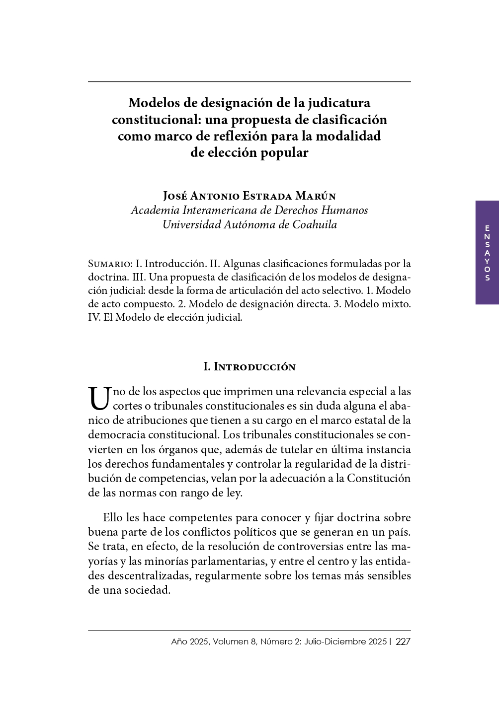 Portada ensayo "Modelos de designación de la judicatura constitucional: una propuesta de clasificación como marco de reflexión para la modalidad de elección popular""